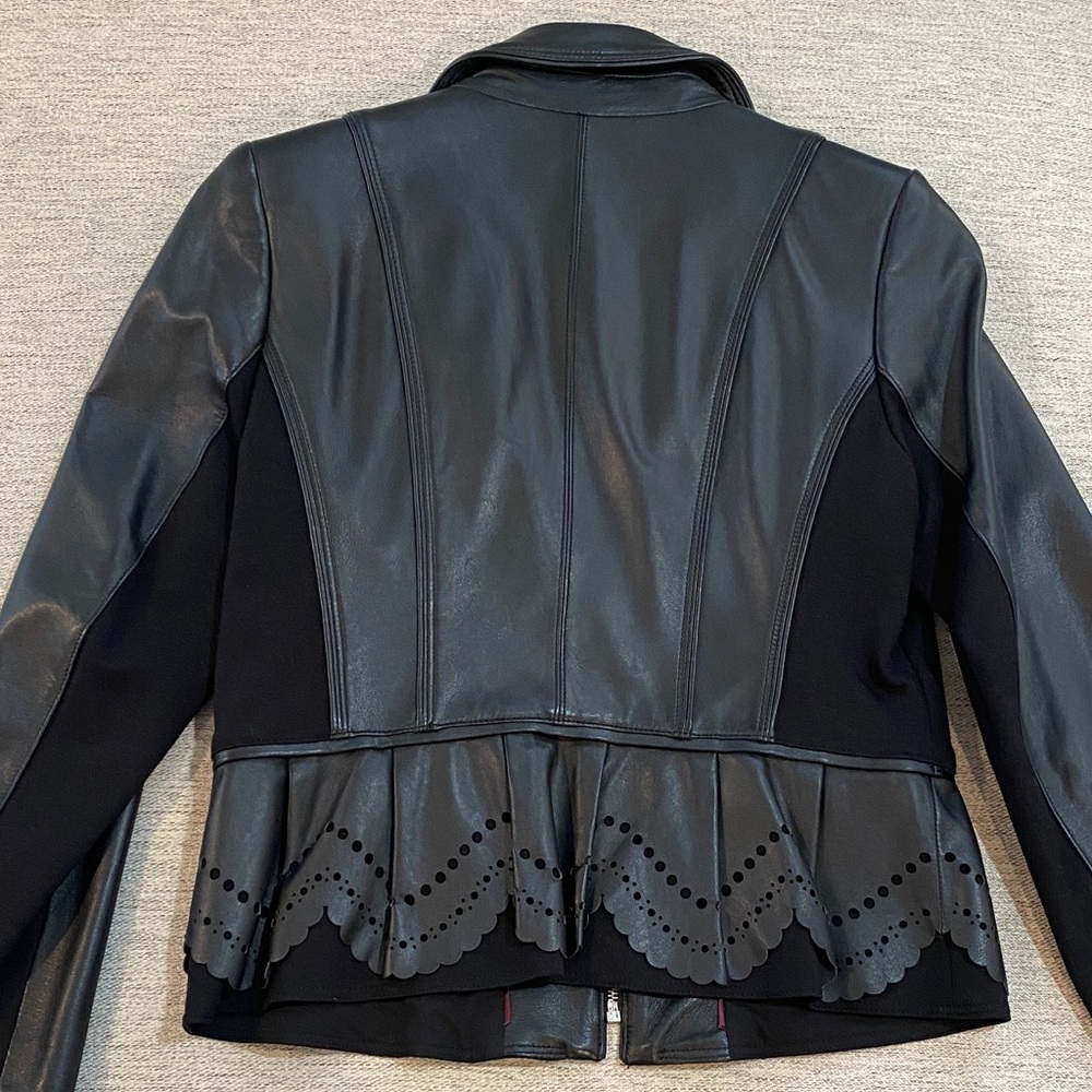 WHBM Black Leather Jacket with Scalloped Detail - Picture 8 of 9